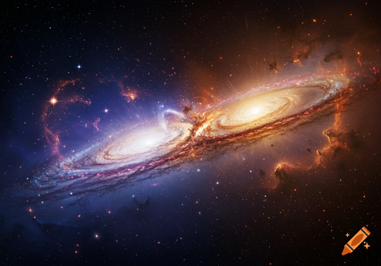 Two massive spiral galaxies collide in a vibrant cosmic dance amidst a starry deep space background.