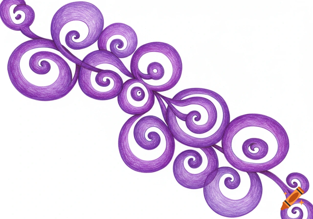 Abstract purple colored pencil art featuring intertwined swirls on a white background.