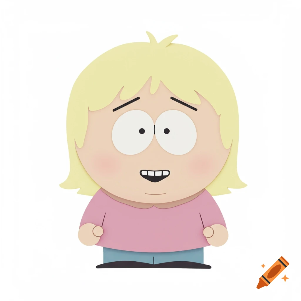 A 2D South Park style cartoon kid with light blonde hair, pink shirt, and blue pants on a white background.