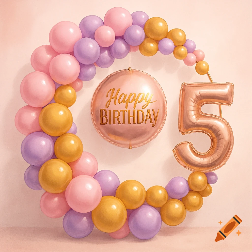 A half-ring balloon arch with pink, purple, and gold balloons, featuring 'Happy Birthday' and a large number 5 foil balloon for a 5th birthday.
