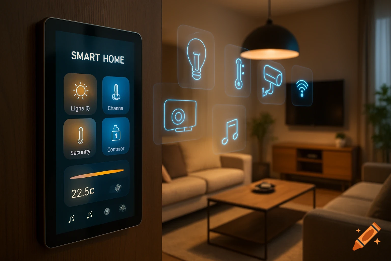 A smart home control panel on a wall displays a temperature of 22.5c and buttons for lights, security, and more. Holographic icons for various smart devices float in a modern living room.
