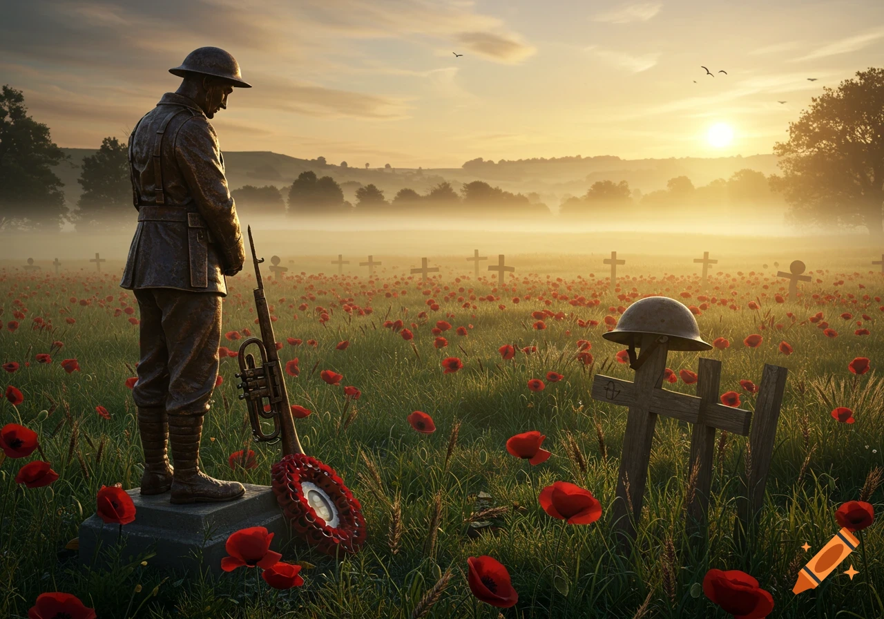 A solemn bronze soldier statue stands in a vast poppy field cemetery under a misty sunrise, marked by wooden crosses and a helmet.
