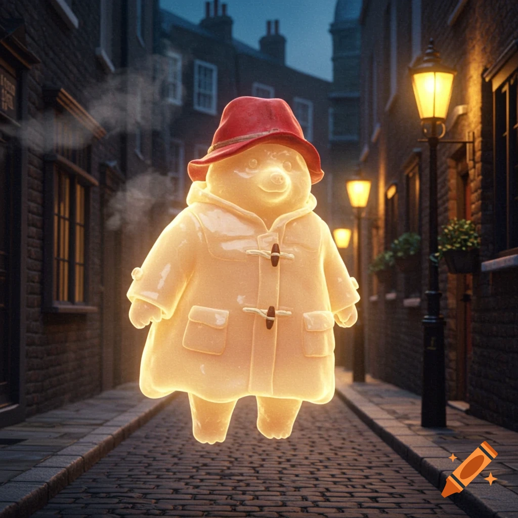 A glowing, translucent Paddington Bear pudding ghost floats down a dark, cobblestone street lit by gas lamps.