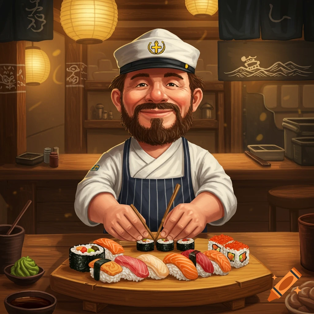A smiling cartoon chef with a beard and a captain-style hat, wearing an apron, meticulously prepares sushi rolls with chopsticks in a cozy, warm-lit Japanese restaurant setting.