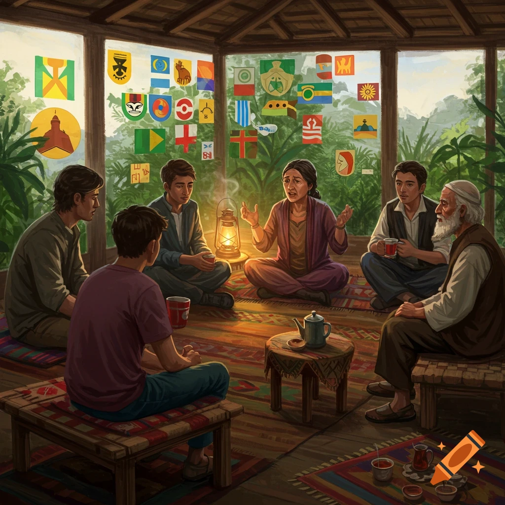 Illustration of diverse people sitting together on patterned rugs, sharing stories around a glowing lantern and teapot.
