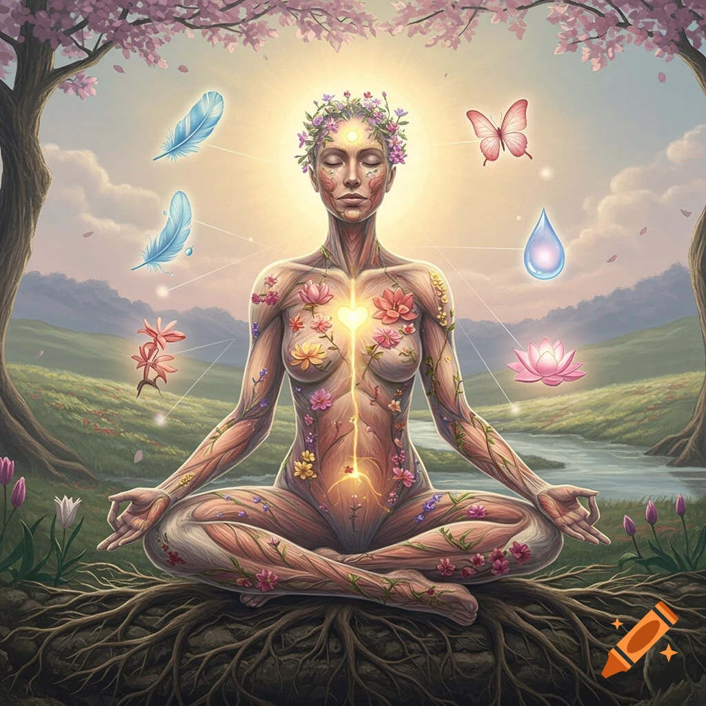A stylized woman in meditation, merging with nature with roots and flowers, surrounded by glowing spiritual symbols.