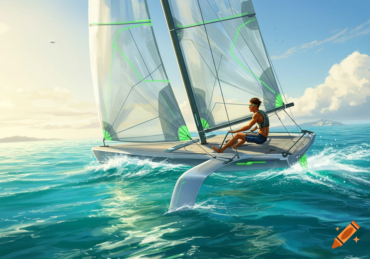 A person sails a sleek, futuristic catamaran with transparent sails on a bright, sunny ocean.