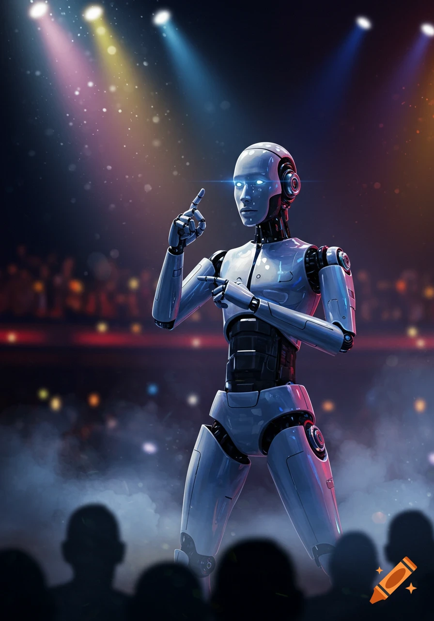 A futuristic robot with glowing eyes stands on a stage under colorful spotlights, pointing up, with a blurred audience. Digital illustration.