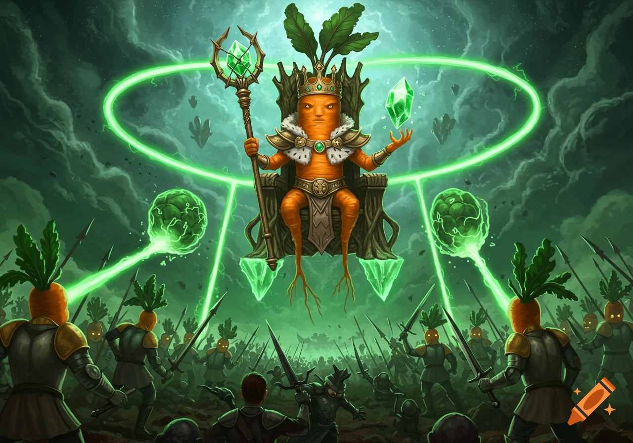A fantasy illustration of a carrot king on a throne, surrounded by green energy, commanding an army of carrot soldiers battling humans.