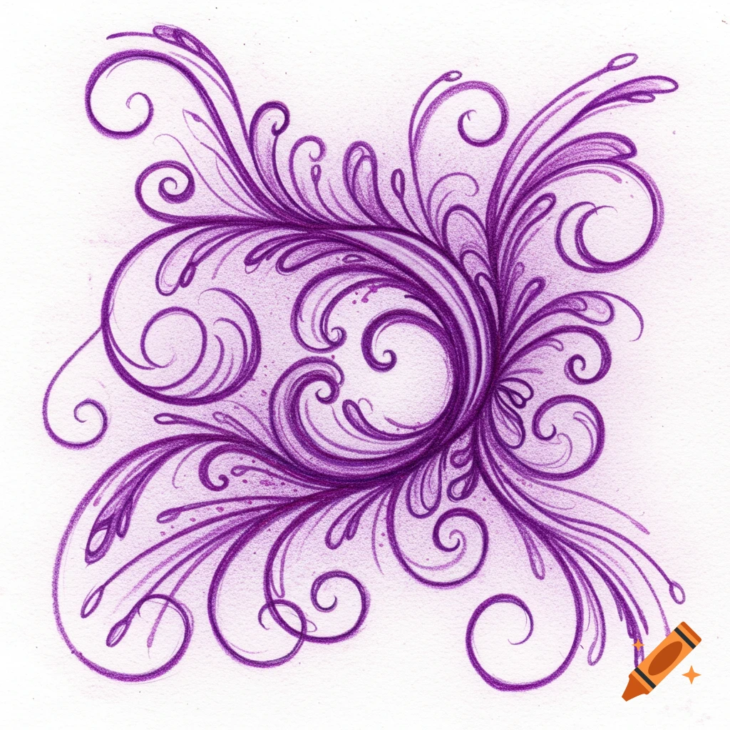 Intricate purple colored pencil drawing of swirling, organic, floral-like patterns on a white background.