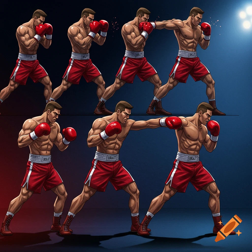 A sprite sheet depicts six muscular boxers in red shorts and gloves, performing various punching motions against a gradient blue and red background.