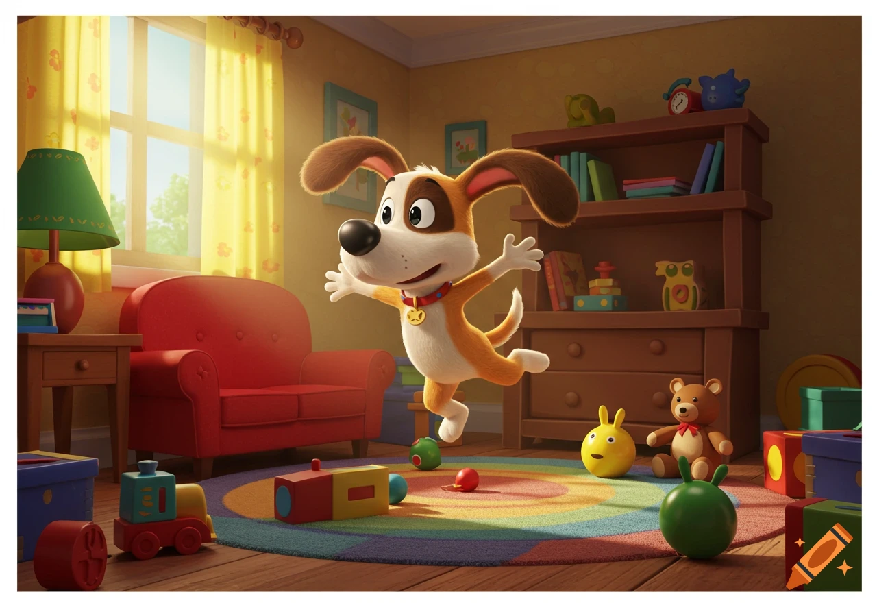 A cute, playful brown and white cartoon dog jumps in a colorful living room with toys and a rainbow rug, in a children's animation style.