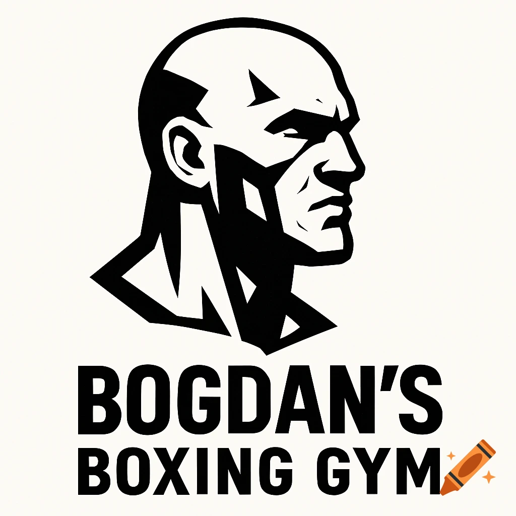 A black and white logo featuring a bald man's head in profile with the text "Bogdan's Boxing Gym" below.