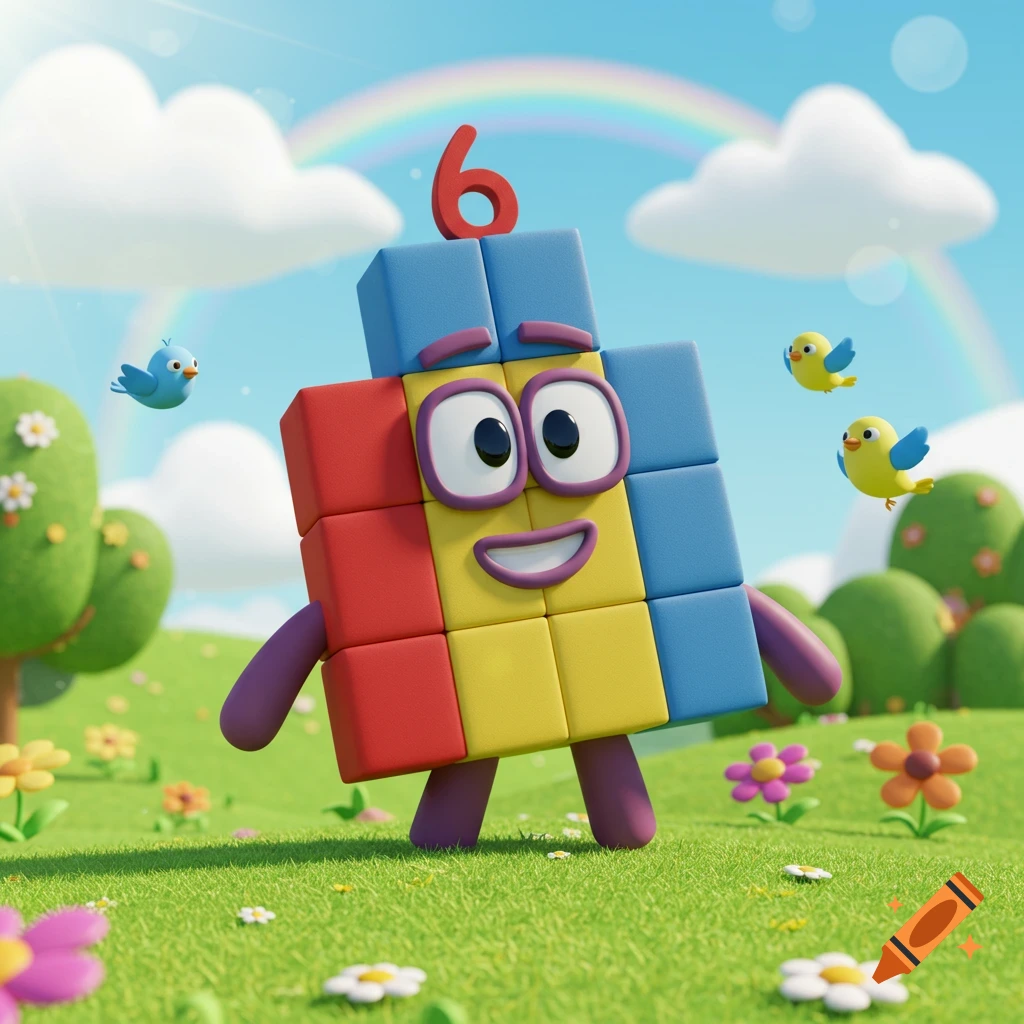 A colorful block character resembling Numberblock Six stands in a sunny green field with flowers, birds, and a rainbow.