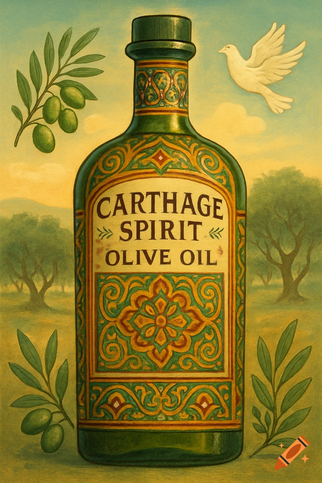 An illustration of a green, ornate bottle of "Carthage Spirit Olive Oil" with olive branches, a dove, and olive trees in the background, in a vintage style.