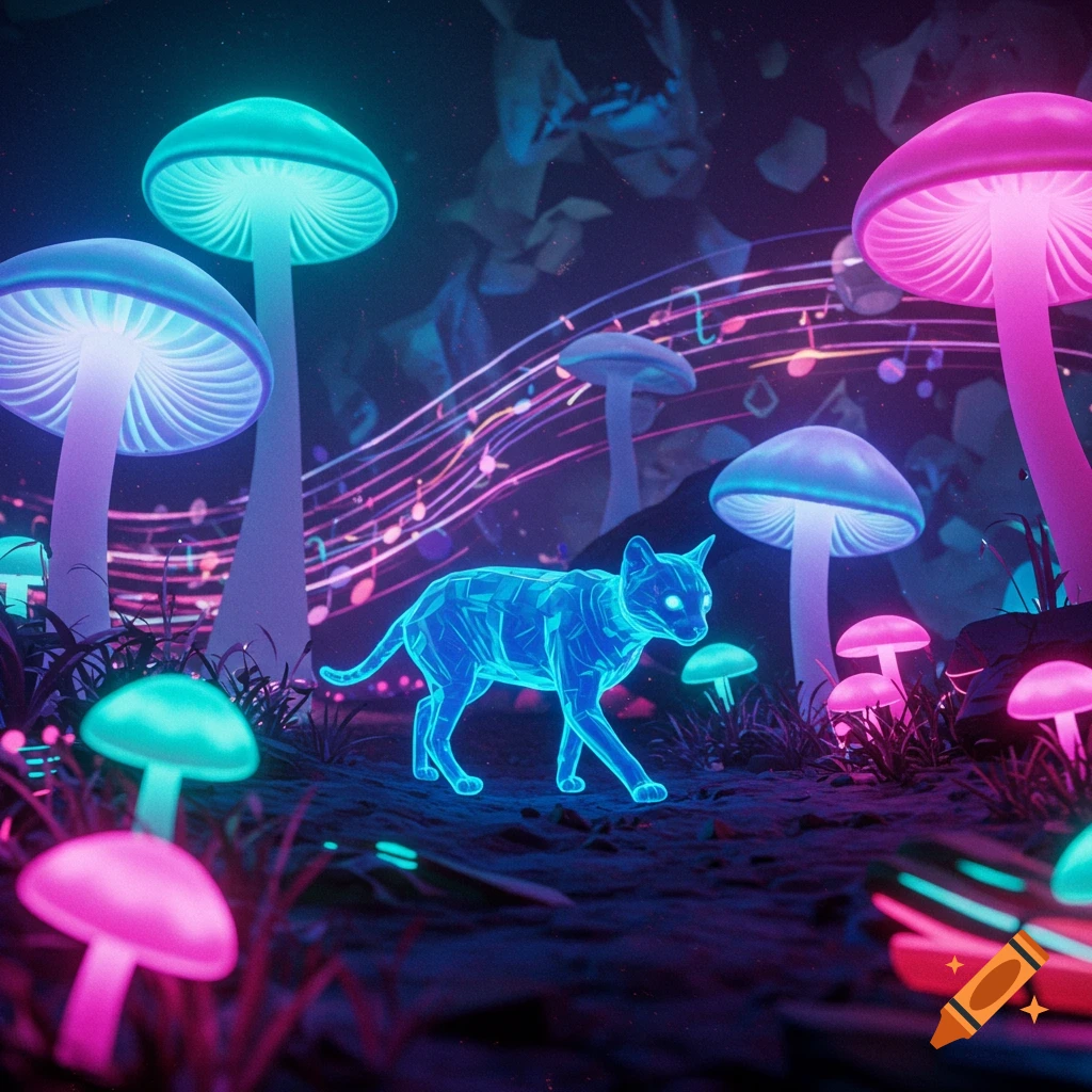 A glowing blue geometric cat walks through a dark forest illuminated by neon pink, purple, and teal mushrooms, with musical notes floating.