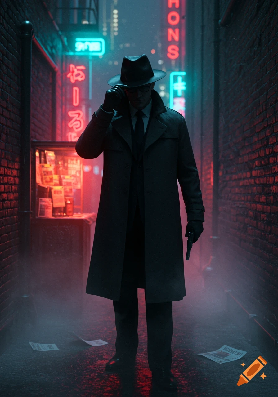 A man in a trench coat and fedora, holding a gun, stands in a neon-lit, foggy city alley with brick walls.
