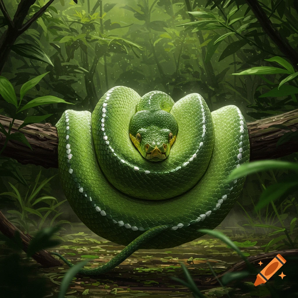 A vibrant green snake with white markings is coiled on a tree branch, looking directly at the viewer in a lush jungle.