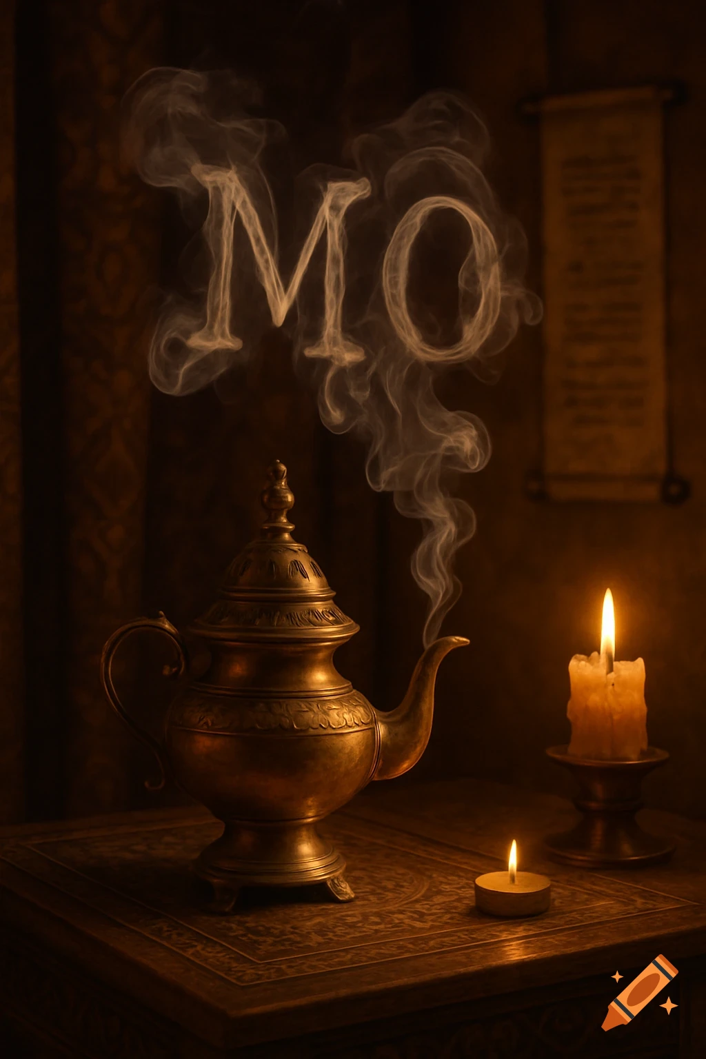 Ornate brass incense burner emitting smoke that forms the letters 'MO', flanked by flickering candles on a dark, patterned table.