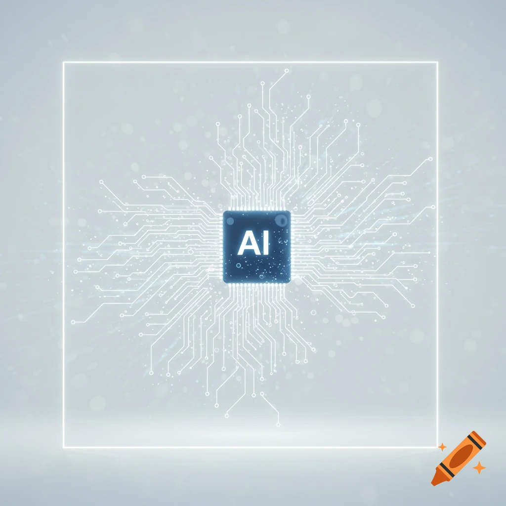 A blue computer chip with 'AI' on it, surrounded by glowing white circuitry on a light gray background.