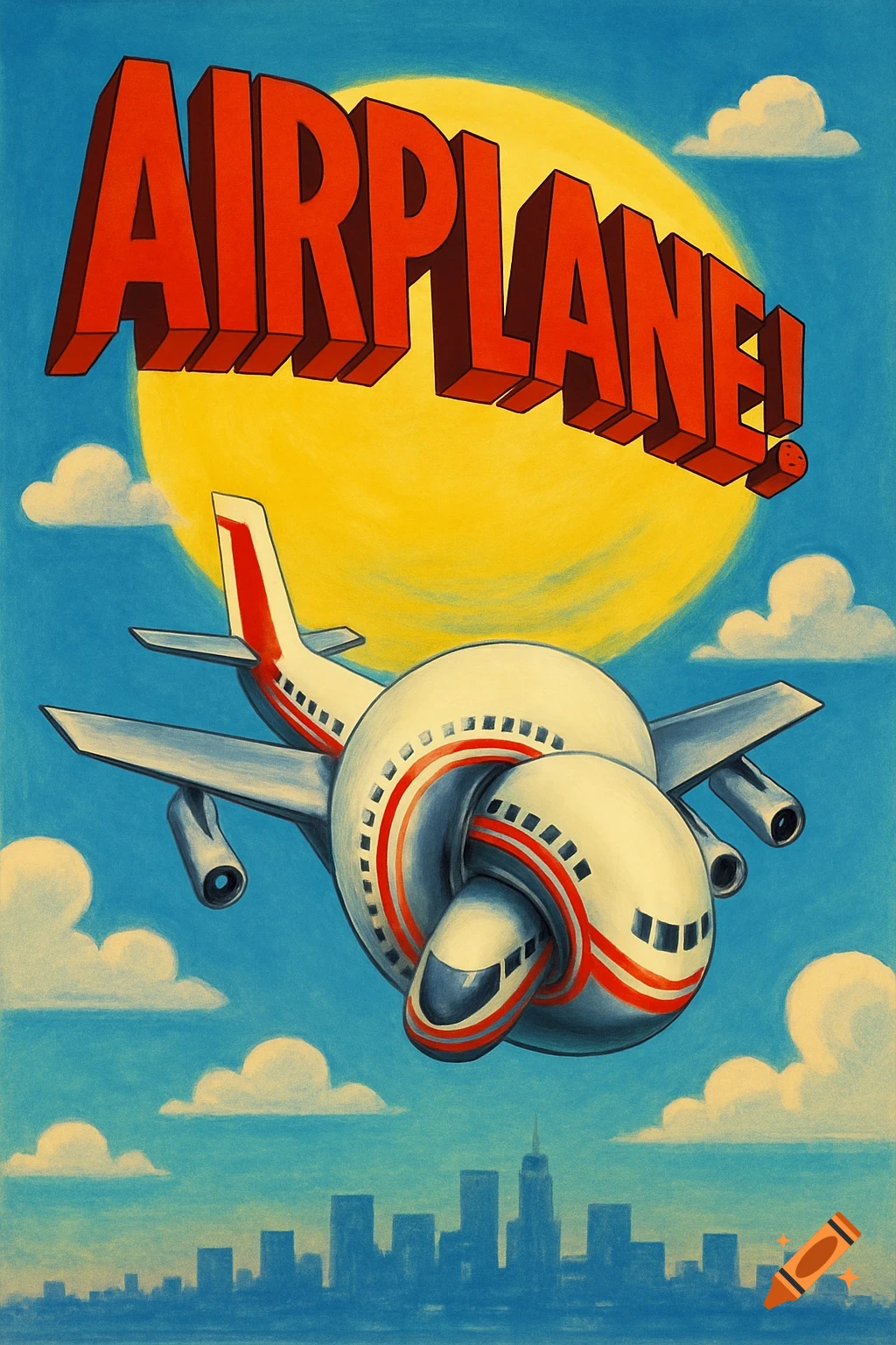 A vintage-style poster with a white cartoon airplane tied in a knot, flying over a city skyline. Large red 'AIRPLANE!' text is at the top.