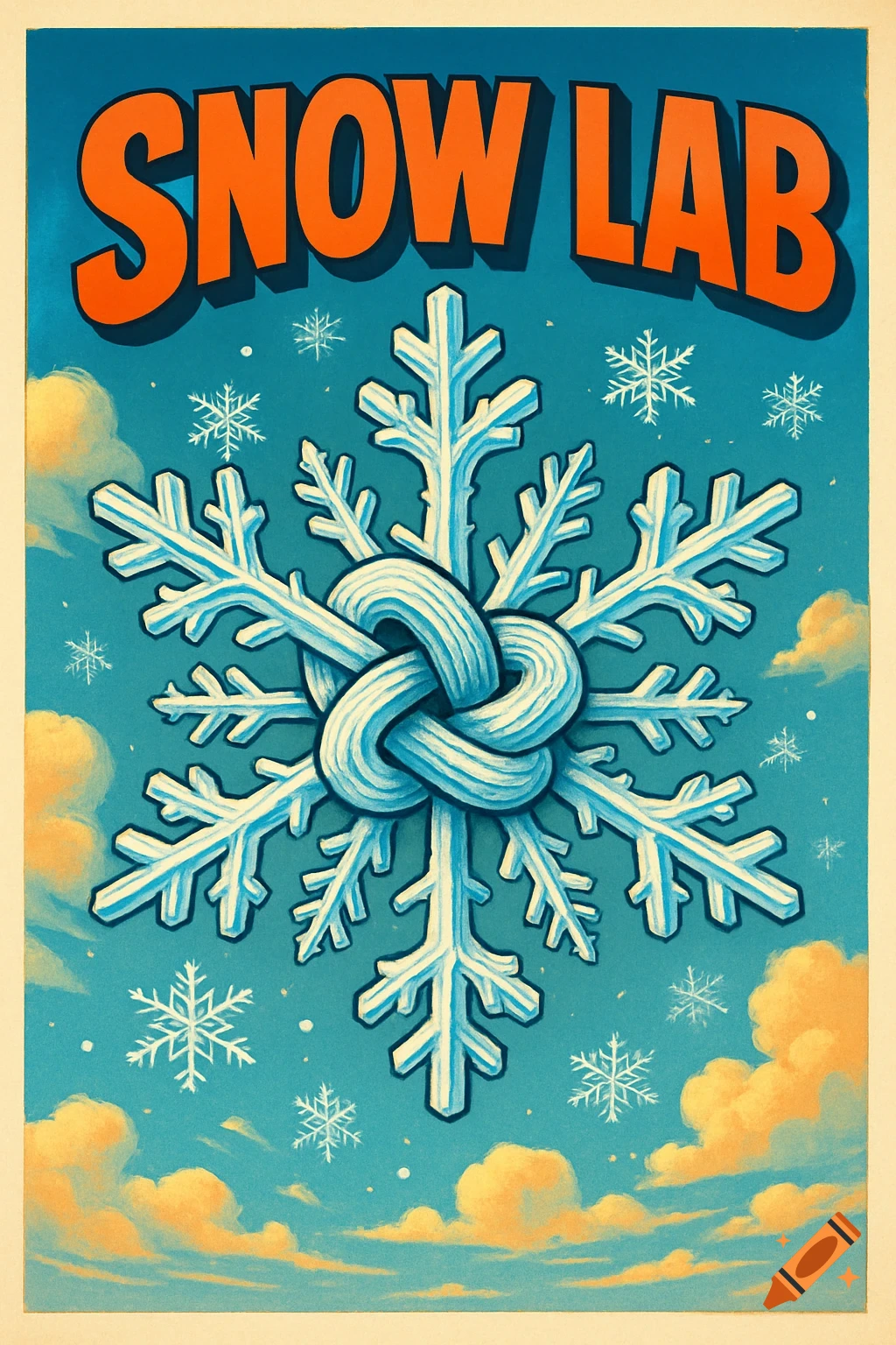 A retro-style poster with 'SNOW LAB' text above a large, knotted snowflake against a blue sky with clouds.
