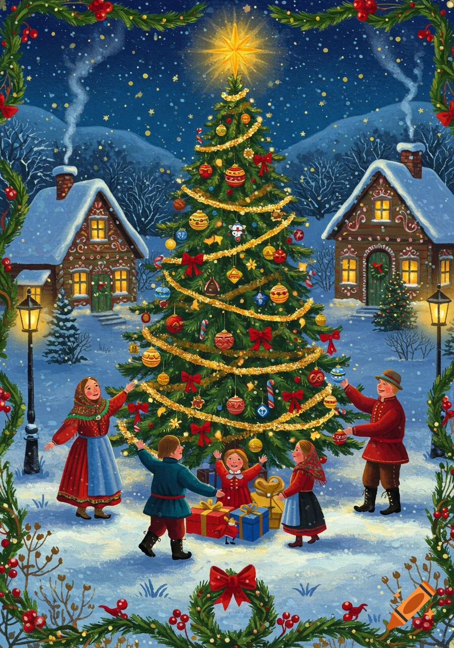 Folk art illustration of a family decorating a large Christmas tree in a snowy village at night, with two festive houses and street lamps.