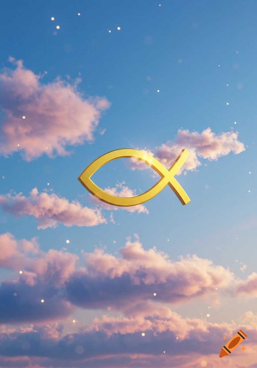 A golden Ichthys Christian fish symbol floats in a bright blue sky with pink and purple clouds and sparkling lights.
