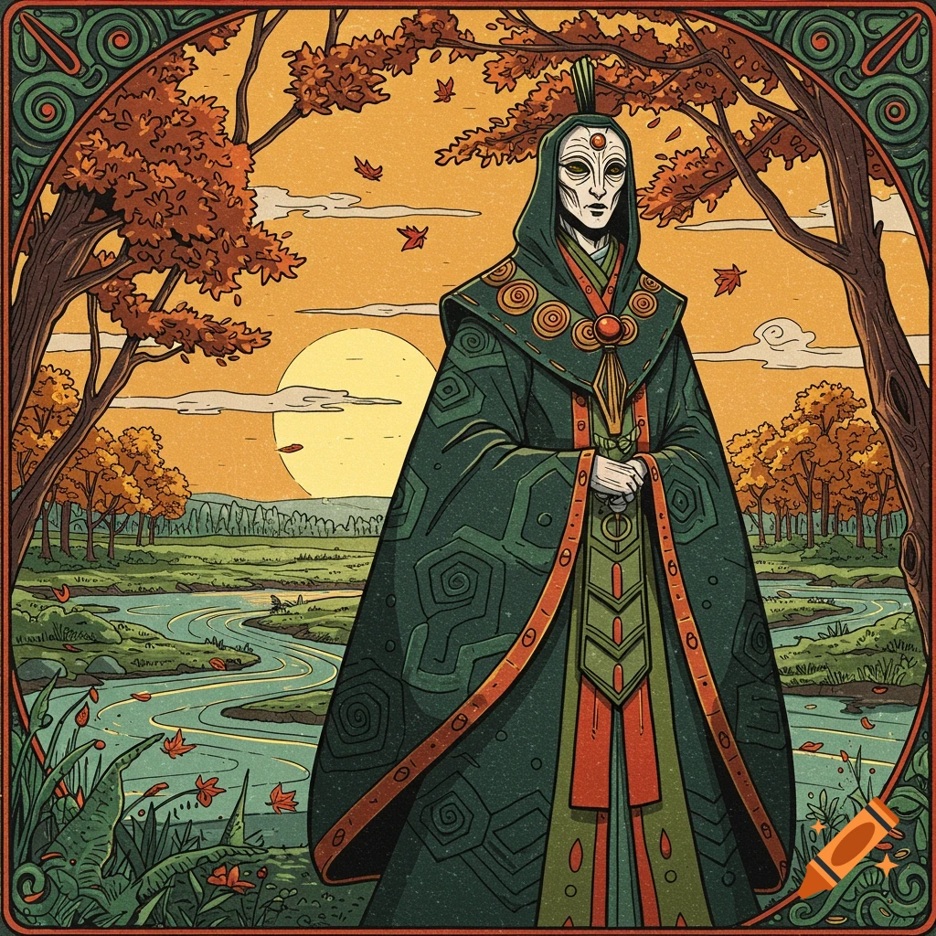 A stylized figure in a dark green cloak and white mask stands amidst autumn trees and a winding river under an orange sky, in a woodblock print style.
