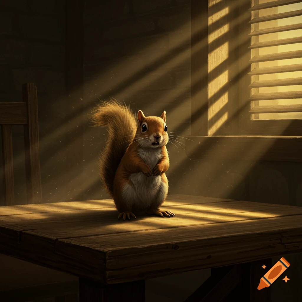 A small, realistic squirrel perched stiffly on a wooden table, illuminated by golden morning light streaming through window shutters.