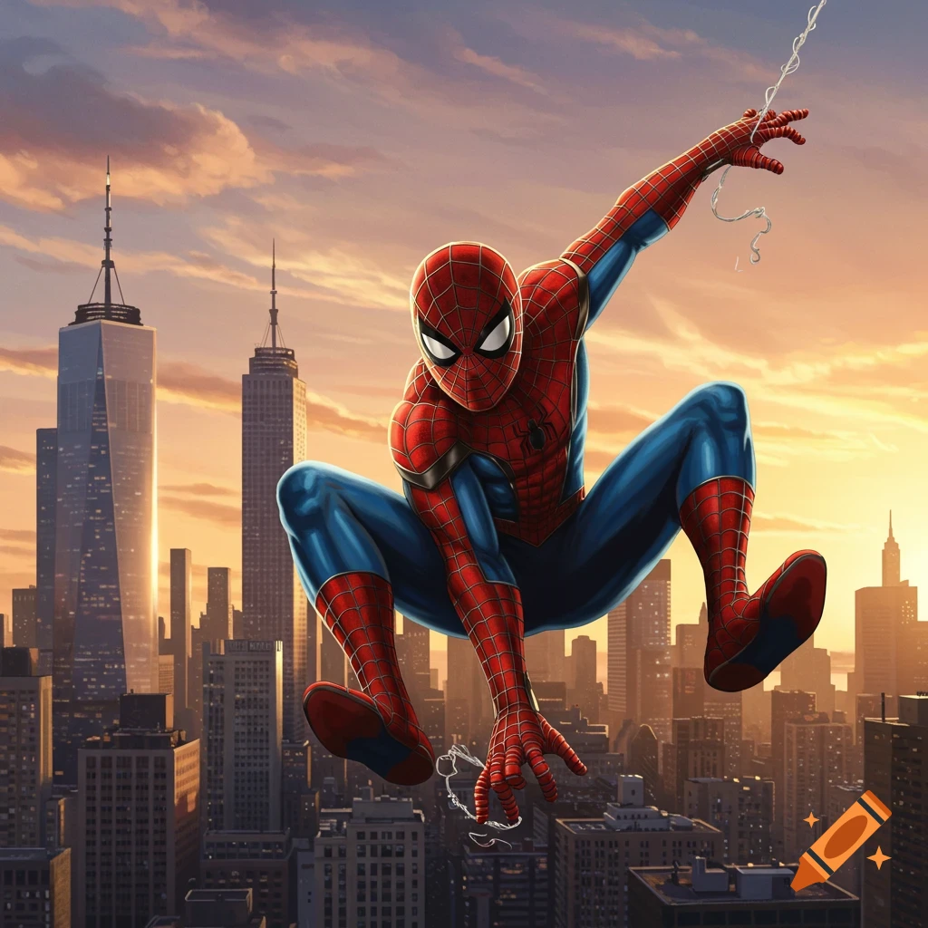 Spiderman swings through a city at sunset with tall buildings in the background, in a comic book art style.