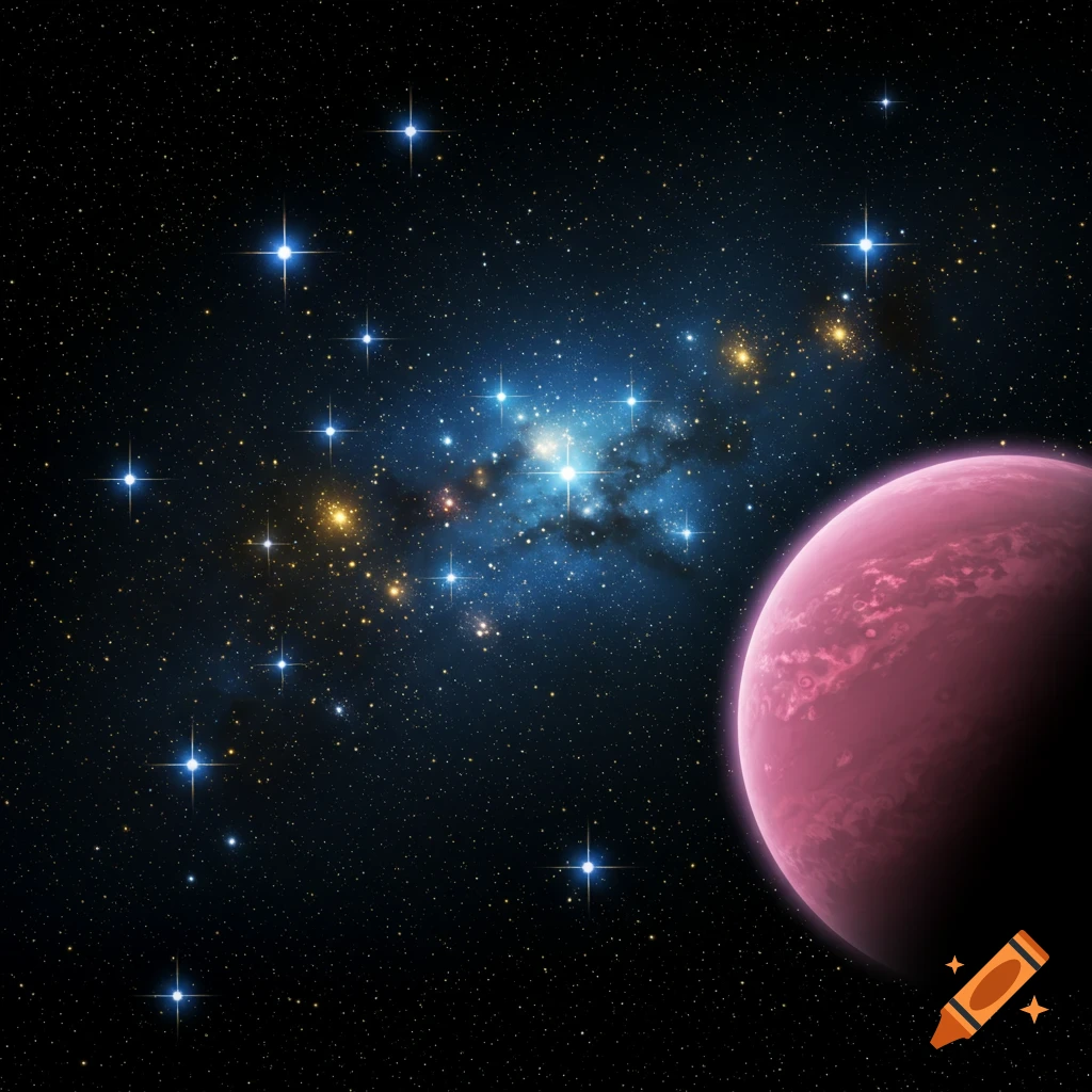 A pink gas planet with visible cloud bands in the foreground of a dark cosmic scene, featuring numerous bright blue and golden stars and a glowing blue nebula.