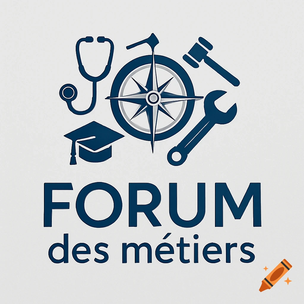 A logo for 'Forum des métiers' featuring job pictograms including a stethoscope, compass, gavel, wrench, and graduation cap.