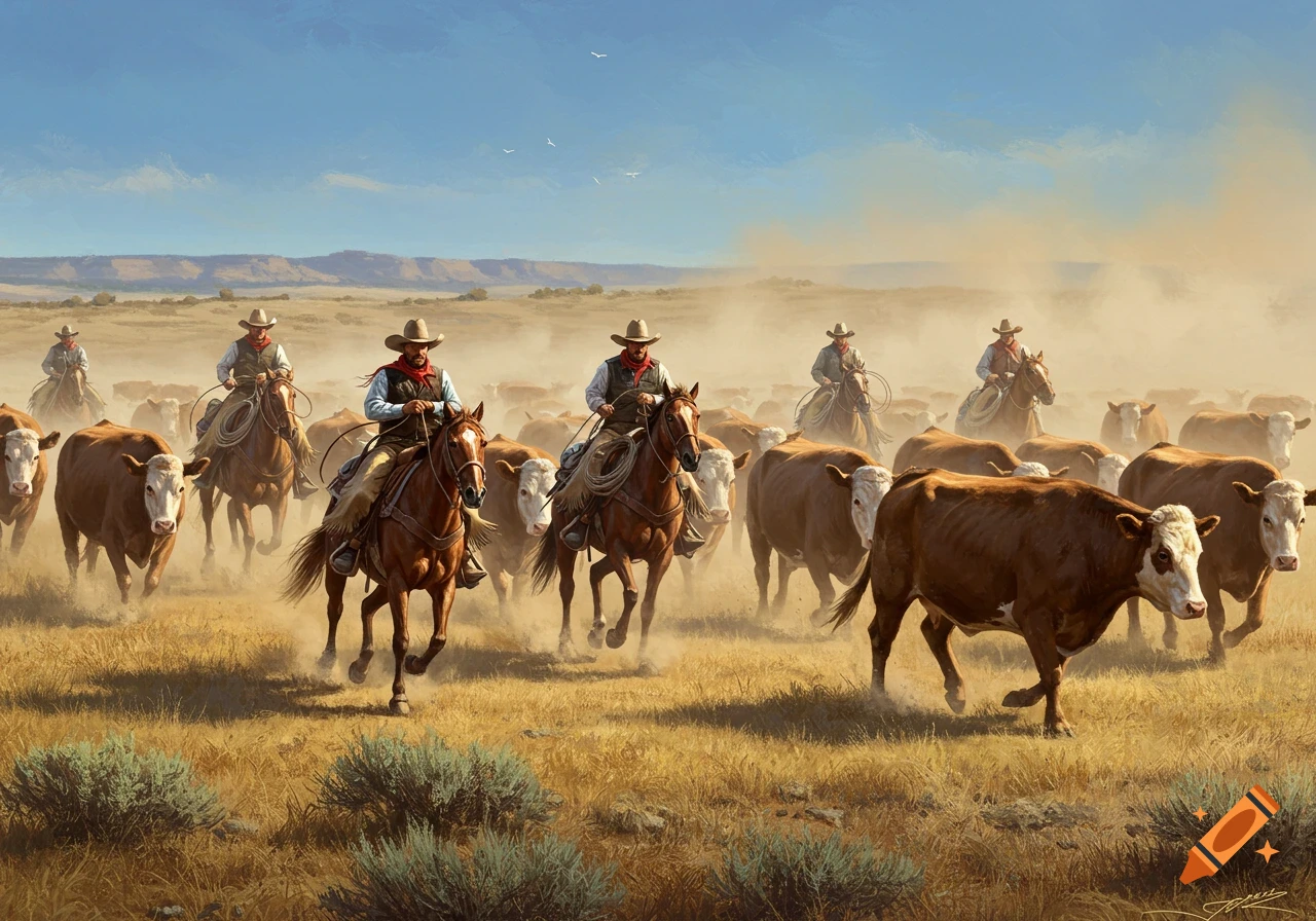 Cowboys on horseback drive a herd of cattle across a dusty, sunlit plain with distant mountains.