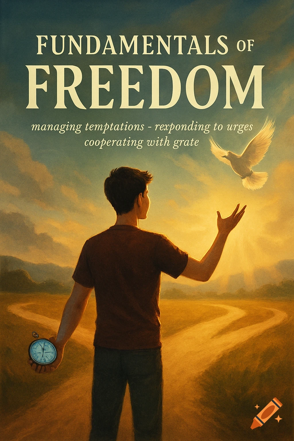 A man stands with his back to the viewer on a path, holding a pocket watch, looking up at a dove in a golden sunset sky. Text reads "FUNDAMENTALS OF FREEDOM".