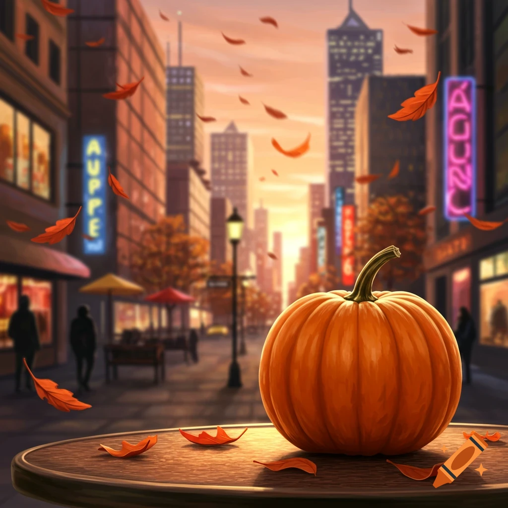 A vibrant orange pumpkin on a wooden table with fallen autumn leaves in a blurred city street during sunset.