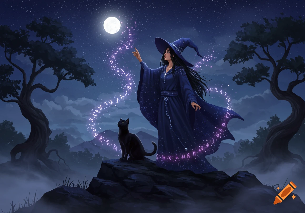 A witch in a blue gown and hat casts a glowing rune spell, accompanied by a black cat, under a full moon at night in a fantasy art style.