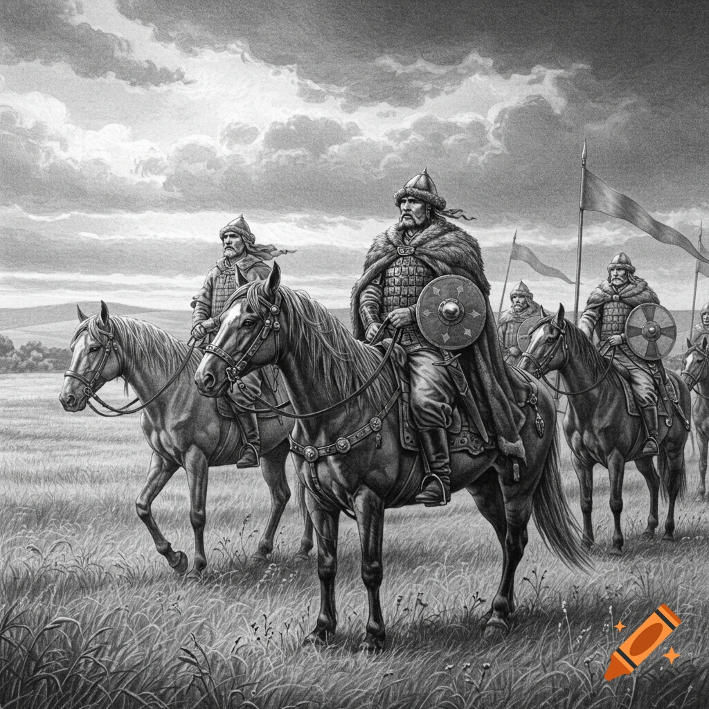 Black and white pencil drawing of armored warriors on horses riding through a grassy field under cloudy skies.