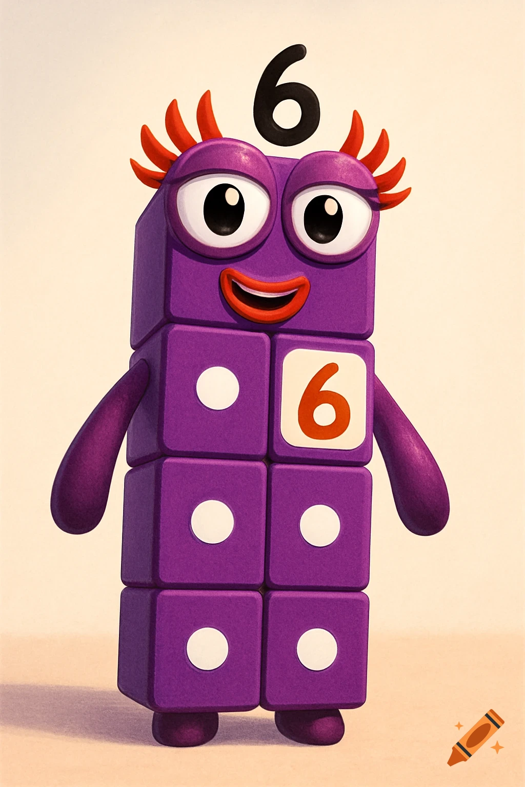 A purple Numberblock-style character made of six blocks, with a smiling face, red eyelashes, and the number 6.