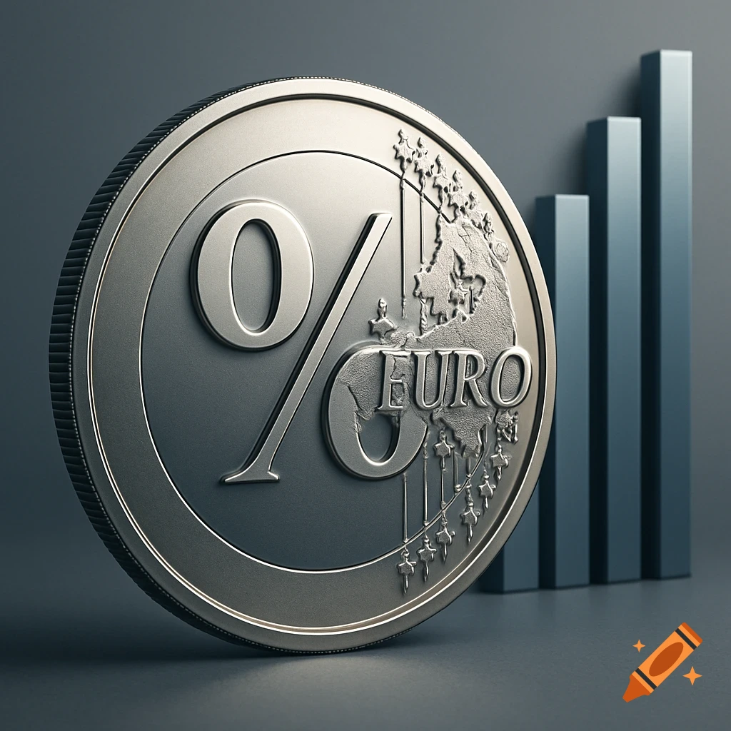 A photorealistic silver euro coin with a large '0%' symbol and the word 'EURO' embossed on its surface, set against a blurred background of a blue bar diagram.