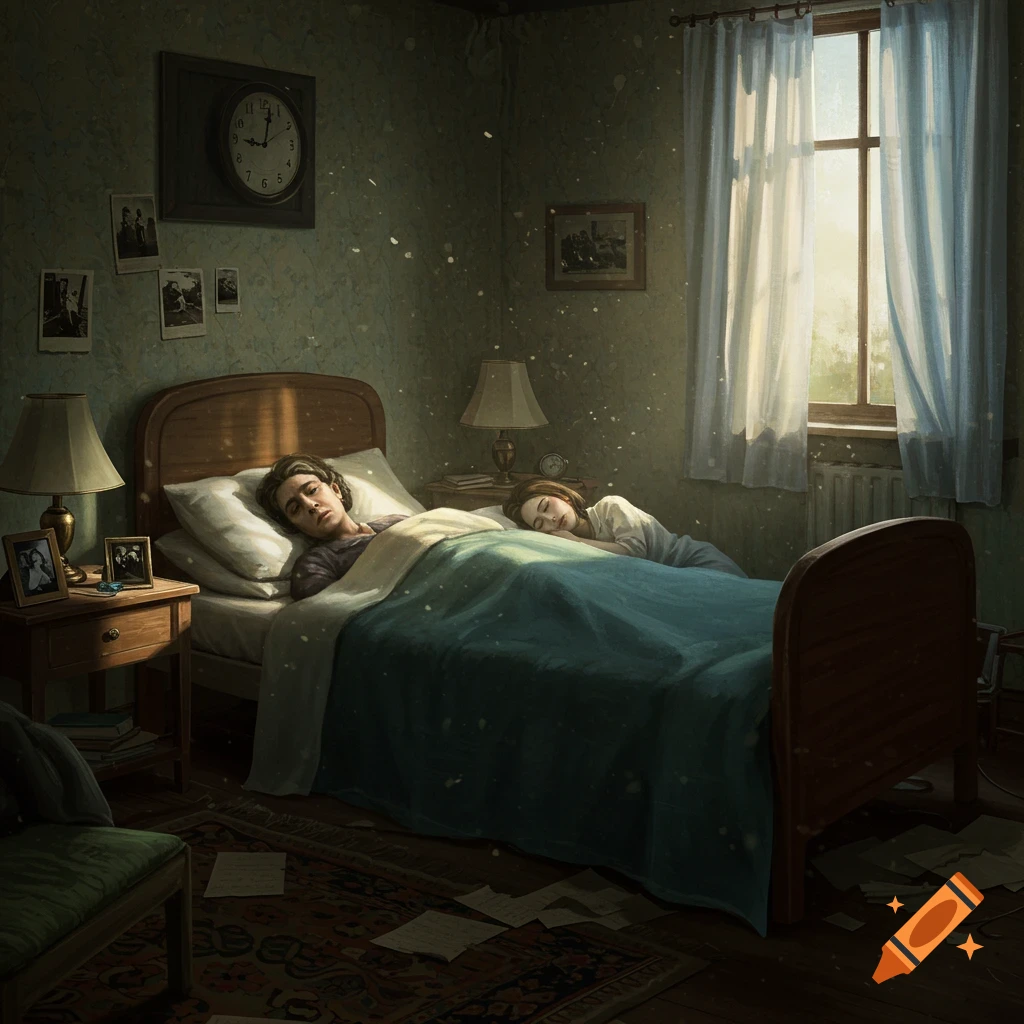 A man and a woman sleep in a dimly lit, slightly messy bedroom, with sunlight streaming through a window.