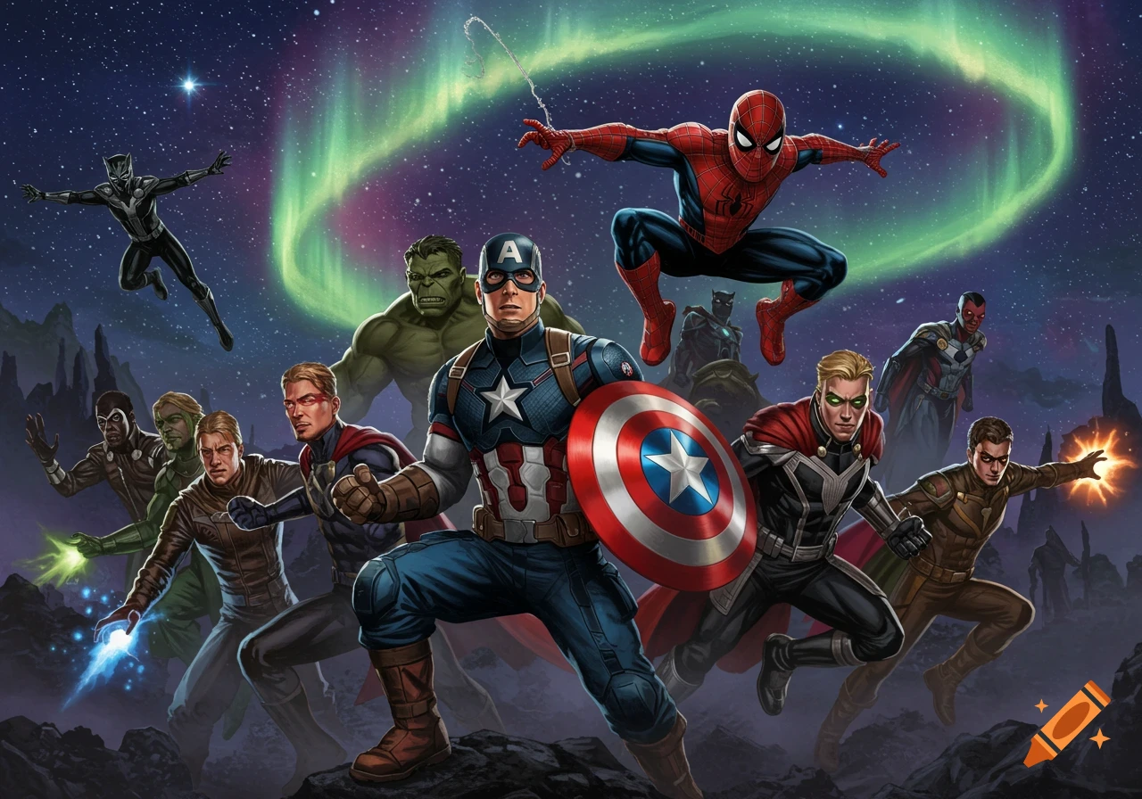 Marvel superheroes Captain America, Spider-Man, Hulk, and others pose heroically under an aurora-lit night sky. Comic art style.