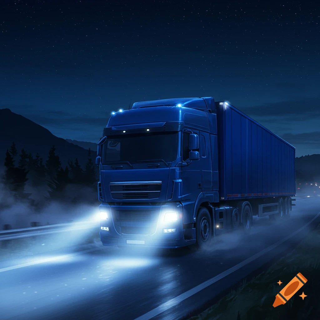 A blue semi-truck with bright headlights drives on a misty road at night, against a dark mountainous backdrop under a starry sky.