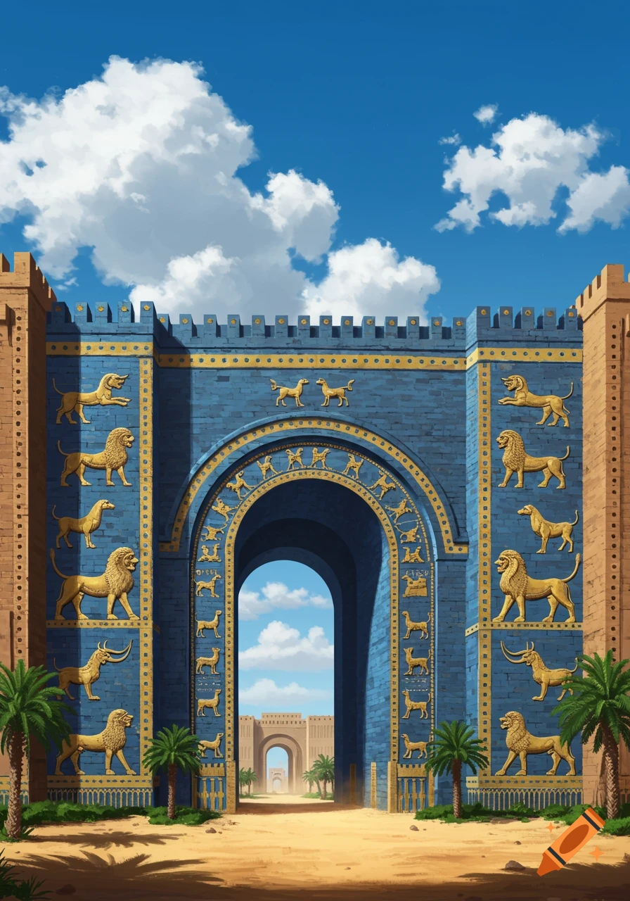A vibrant blue ancient Mesopotamian gate, adorned with golden lions and other animal reliefs, stands in a sandy landscape.