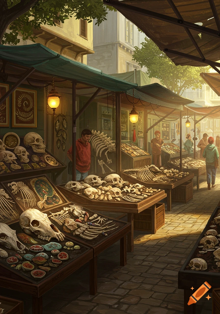 A bustling market stall illuminated by lanterns, displaying various animal skulls, skeletons, and fossils on wooden tables, rendered in an illustrative style.