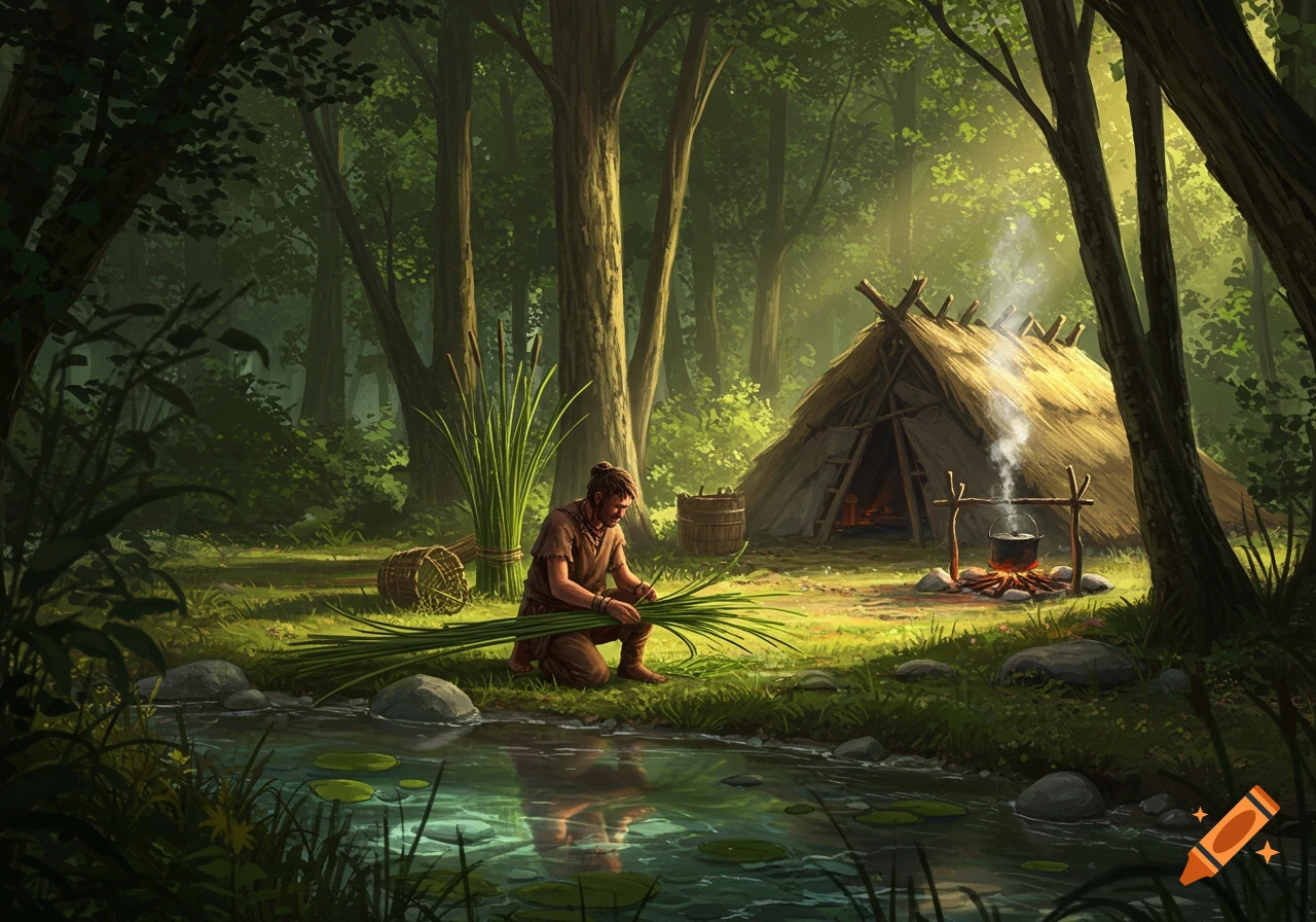 A man kneels by a forest stream, gathering reeds next to a primitive thatched hut with a smoking campfire, bathed in dappled sunlight.