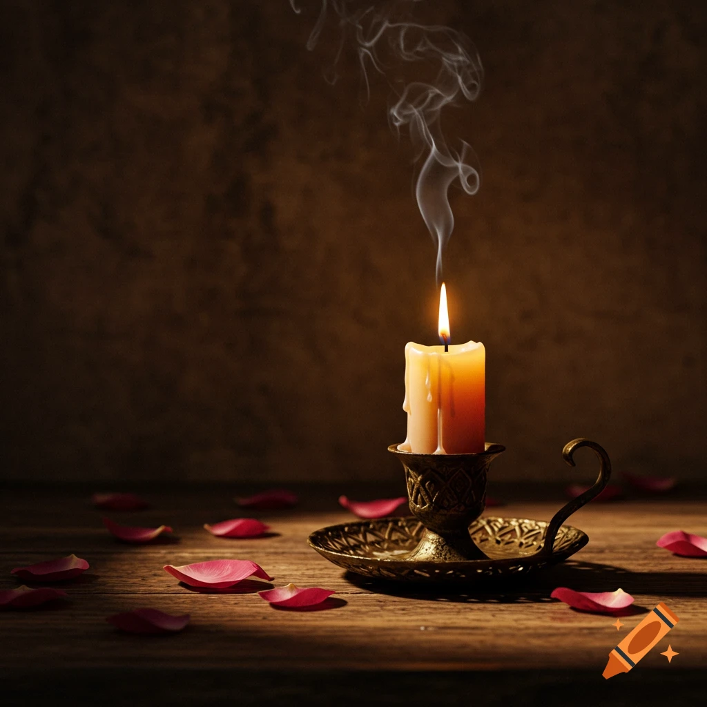 A lit candle in a brass holder with smoke rising, surrounded by red rose petals on a dark wooden table. Photorealistic.