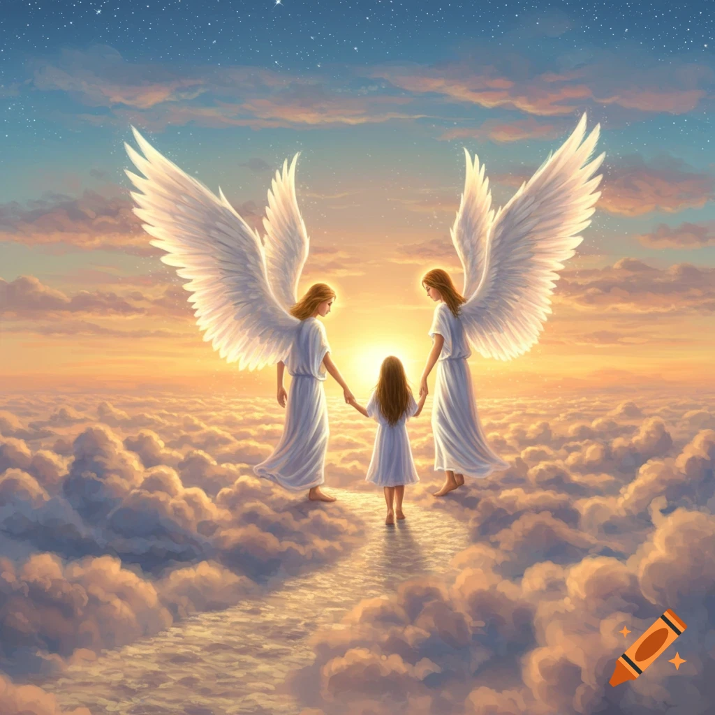 Two angels with large white wings lead a child along a cloud path towards a golden sunrise or sunset in a spiritual scene.