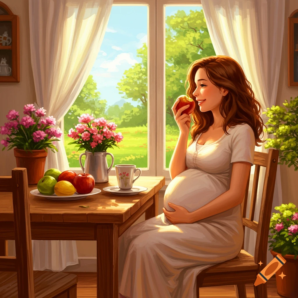 Smiling pregnant woman eating an apple, holding her belly, sitting at a wooden table by a sunny window with fruit and flowers.