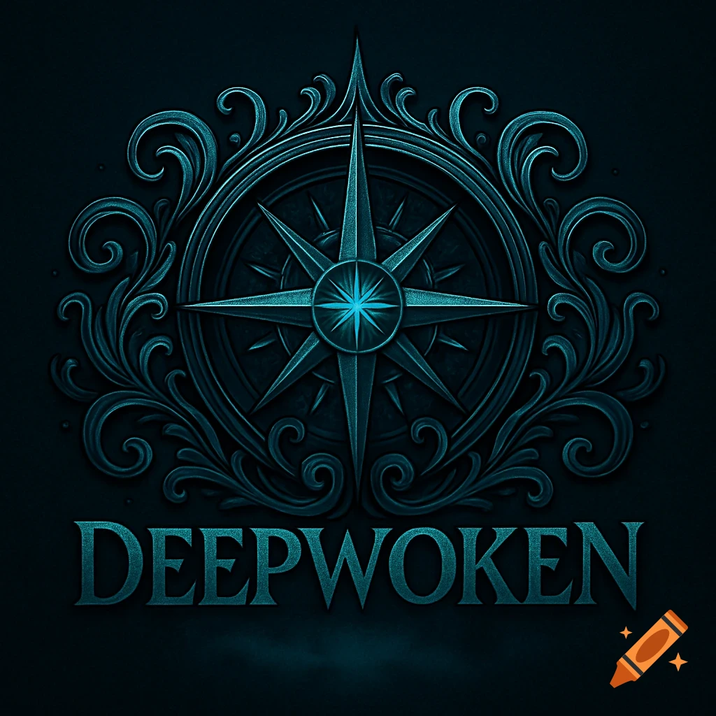 A dark teal, ornate logo featuring a compass rose surrounded by filigree, with the word DEEPWOKEN beneath.
